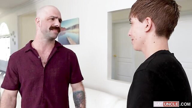Bald muscular daddy with mustache talks to slim twink nephew in Family Time