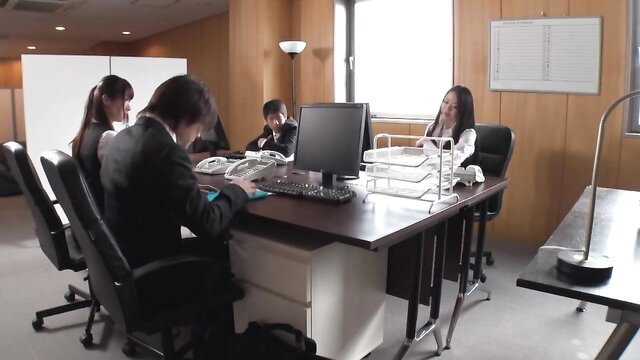 Japanese office workers in suits at desk, JAV boss secret affair thumbnail