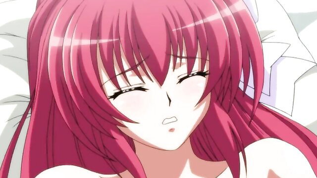 Blushing pink-haired hentai anime girl with sleepy eyes in bed