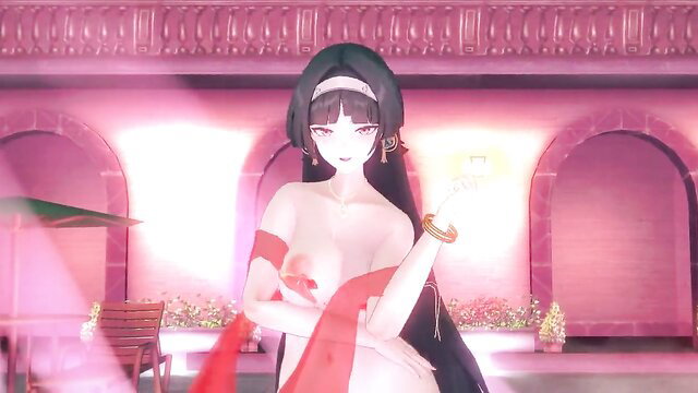 Astra Yao as sexy Queencard in revealing red dress, nude tits exposed