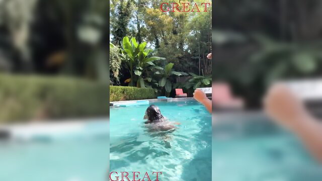 Ebony babe swims nude in pool, wet teasing body