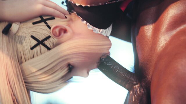 Marie Rose blonde anime girl with X's sucking huge black cock closeup