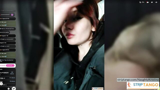 NaughtyKristina teases in car on stripTango, redhead amateur closeup