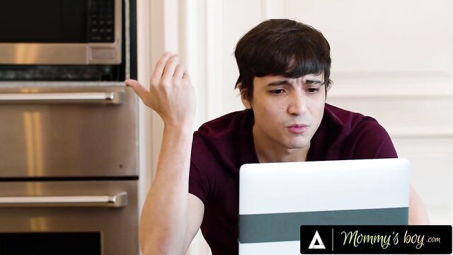 Penny Barber stepmom in kitchen with young mommy's boy