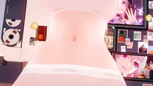 March 7 anime girl in Calvin Klein panties, slim waist closeup