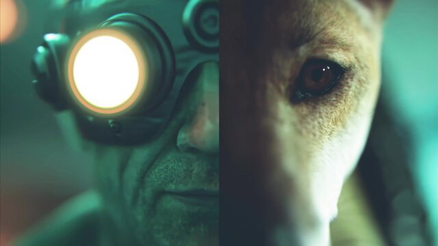 Night vision goggle man close-up with intense dog eye, eerie green glow