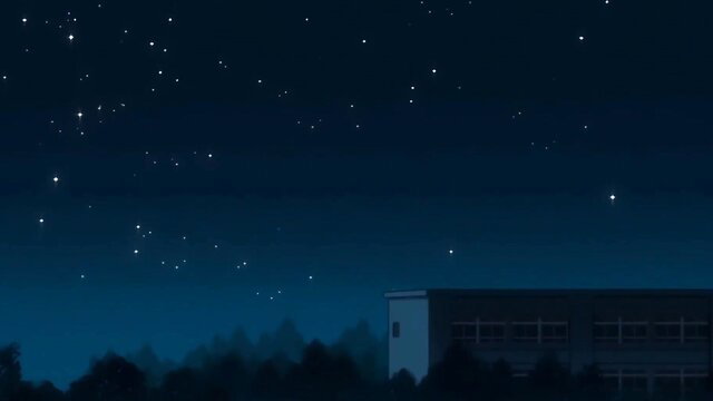 Anime hentai girls under starry night sky by school building