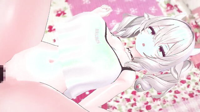 Cheating cow girlfriend Milltina in lewd lingerie, cat ears, pink bedroom tease