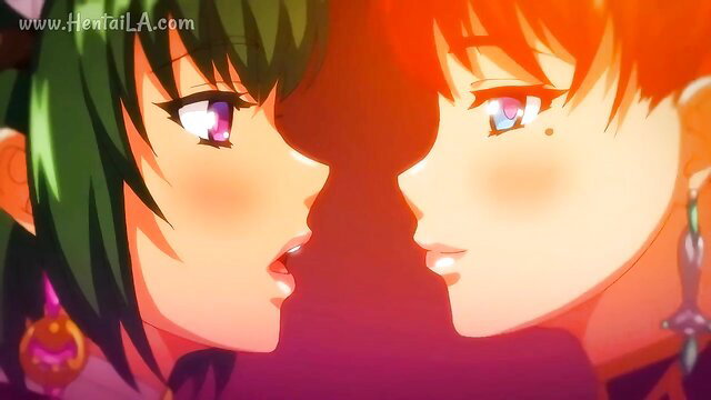 Anime hentai teens with green and red hair facing close-up kiss