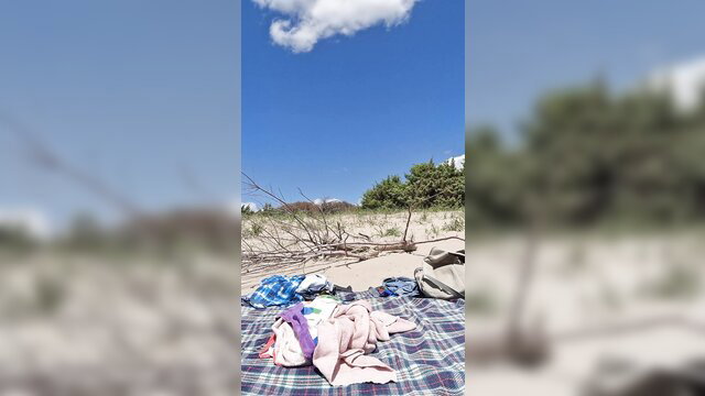 Nudist beach picnic setup with towels and clothes, Gigi and Dave Chaturbate HD sex show