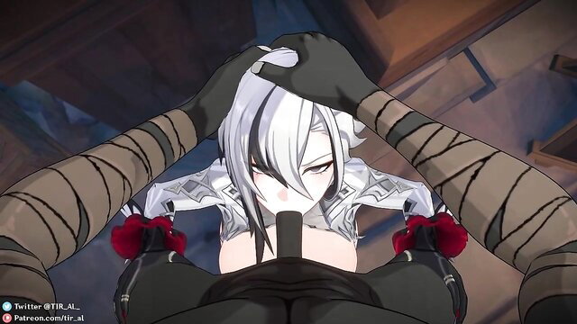 Silver-haired anime girl facefucked by gloved hands in spitroast scene