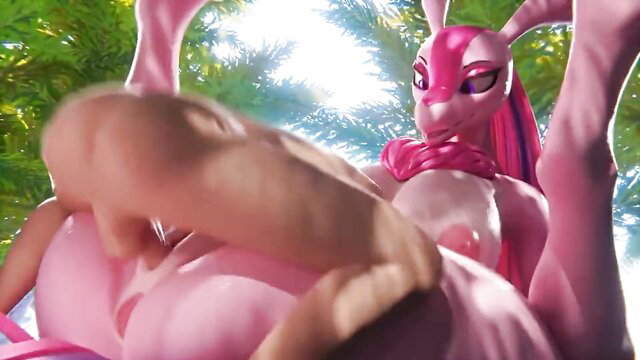 Pink furry bunny girl spreading legs wide, exposing pussy in explicit pose