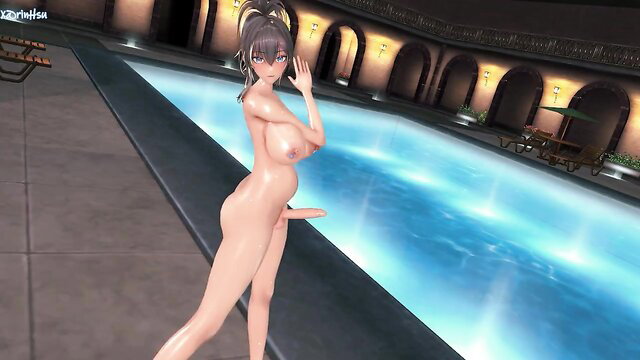 Nude futa girl with huge tits and erect penis by pool at night