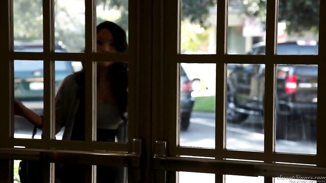 Andy San Dimas silhouette in office door, teasing forbidden lust