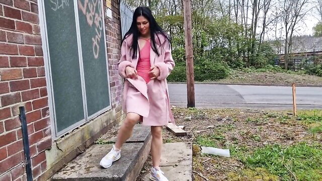 Nicky Brill in see-through pink dress no panties public tease