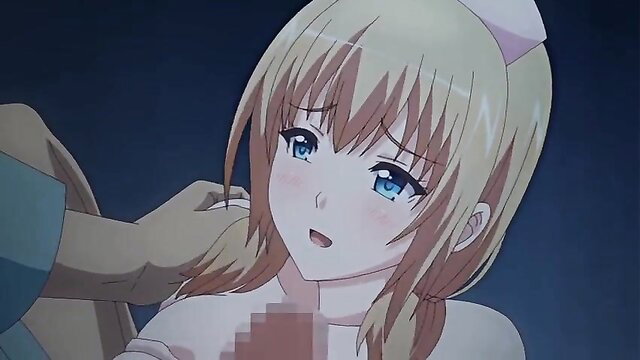 Blonde anime nurse in JAV hentai groped by hand, censored explicit scene