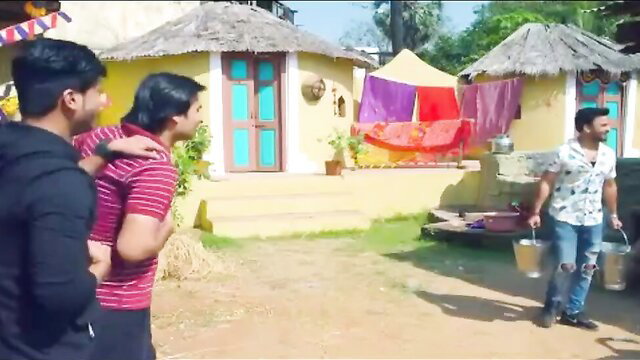 Indian foursome web series thumbnail: 3 young guys with buckets outside huts