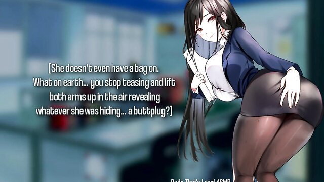 Lewd busty Asian secretary teases huge ass with buttplug in tight skirt