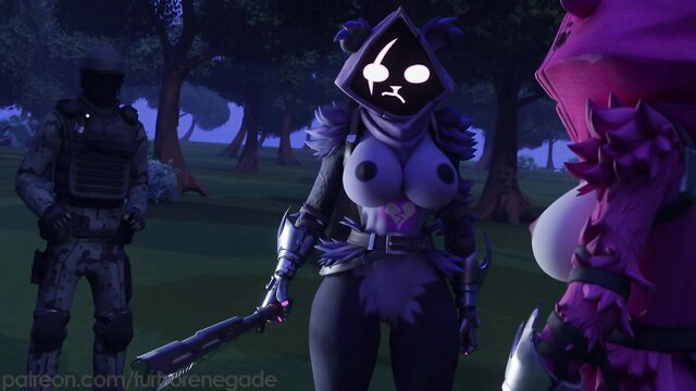Nude Fortnite cosplay chicks with big tits wielding weapons in forest