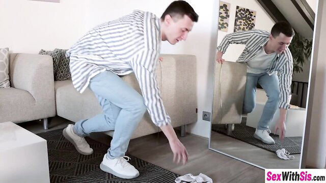 Stepsis seducing stepbro in horny skirt mirror pose tease