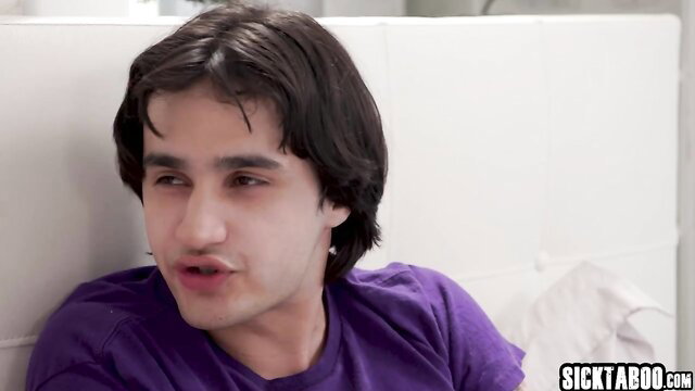 Young Latino stepson in purple tee on bed, taboo gay toy play