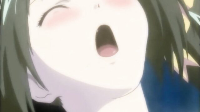 Anime hentai girl with green hair in ahegao face, open mouth ecstasy