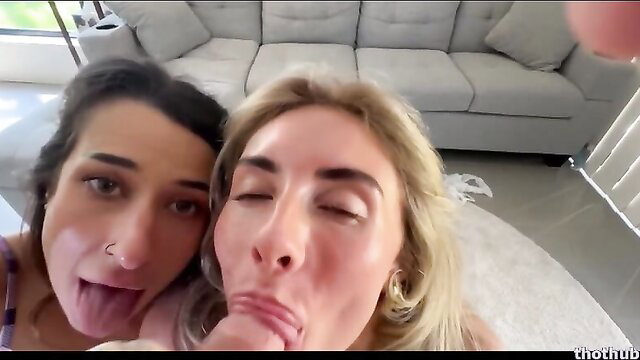 Bonnie Blue and brunette tongue kissing passionately topless