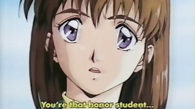 Cute Japanese honor student anime girl with big eyes, surprised expression