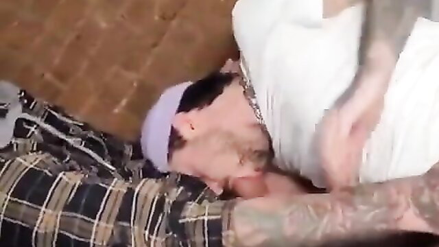 FTM with hairy mussy gets facefucked by tattooed guy