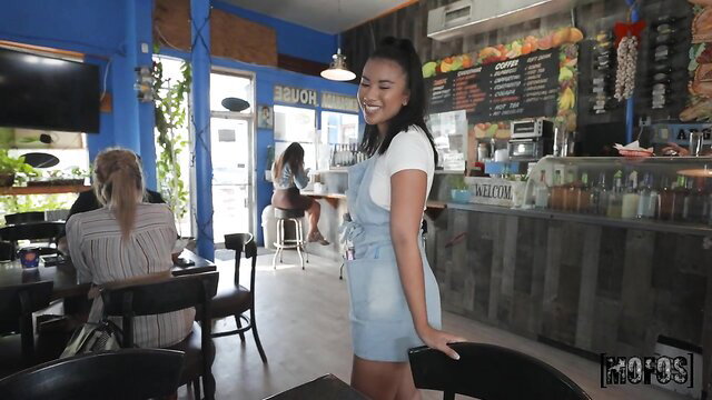 Jmac's sexy Asian waitress in tight denim dress at Mofos cafe