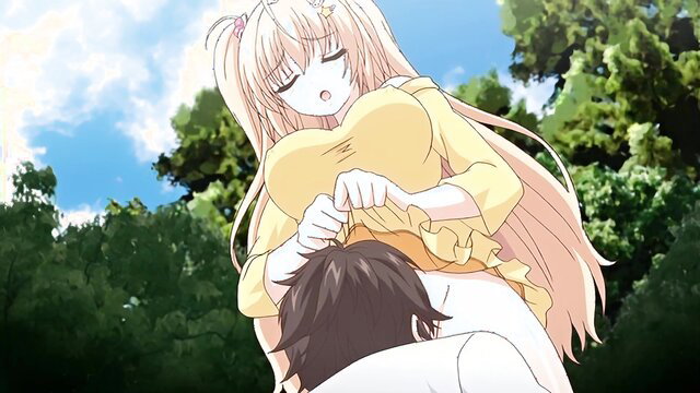 Blonde anime girl with huge tits straddles guy outdoors in yellow dress