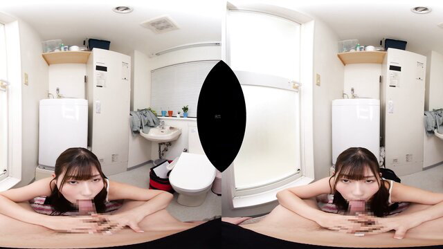 Japanese VR POV babe with bangs kneels in bathroom, mouth open teasingly