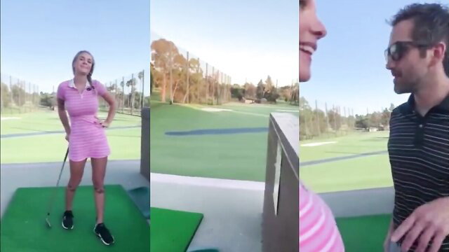 Hot blonde golfer babe in tight pink mini dress poses sexy at driving range