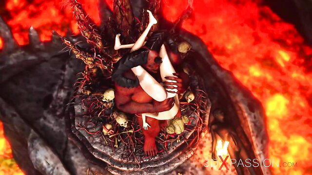3DXPassion red demon couple in explicit missionary sex on hell throne