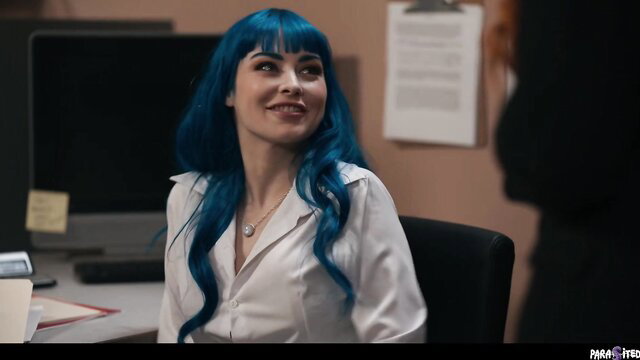 Jewelz Blu in white blouse with teal hair, office tease