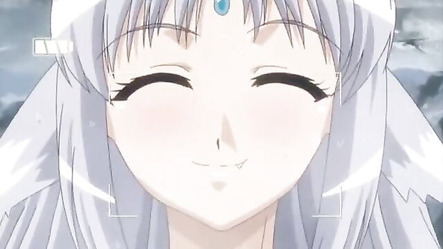 Smiling silver-haired anime girl with gem forehead jewel in hentai tease