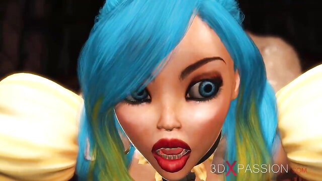3DXPassion blue-haired 3D hentai girl with huge tits smirks seductively