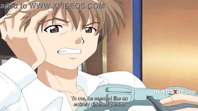 Anime boy shocked expression in hot dominant footjob harem scene