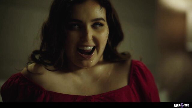 Leana Lovings screaming in red off-shoulder dress, Parasited horror porn
