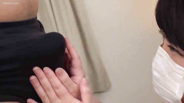 Asian woman in black leggings groped by masked man in JAV clinic scene