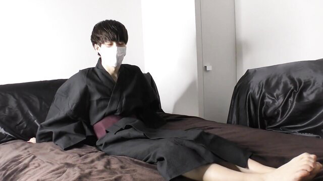 Handsome Japanese college guy in yukata lounging on bed, FC2 PPV