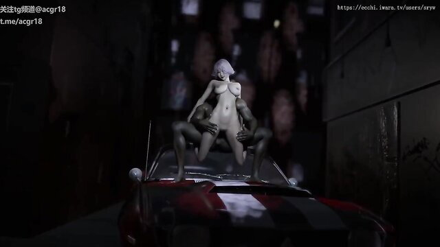 Pale goth girl with white hair gangbanged on red muscle car hood