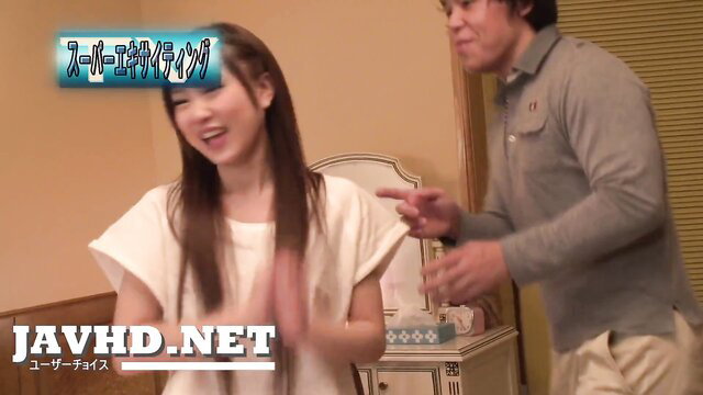 Smiling Japanese JAV girl in white top with man, creampie scene