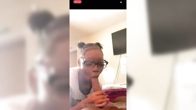 Hot lil ebony schoolgirl with pigtails sucking cock closeup