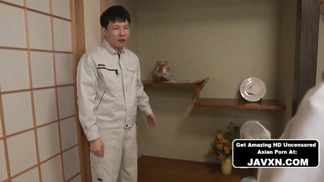 Horny Asian housewife in workwear at door JAV censored