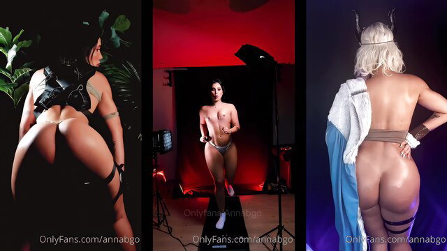 Three nude women teasing asses: brunette in leather, tan nude, blonde viking