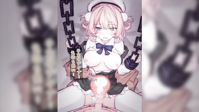 Pink-haired anime slut in chains, nun outfit, titfuck with penis on pussy
