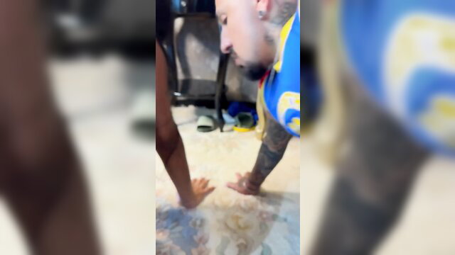 Short tattooed guy fucking big black ass of curvy brunette