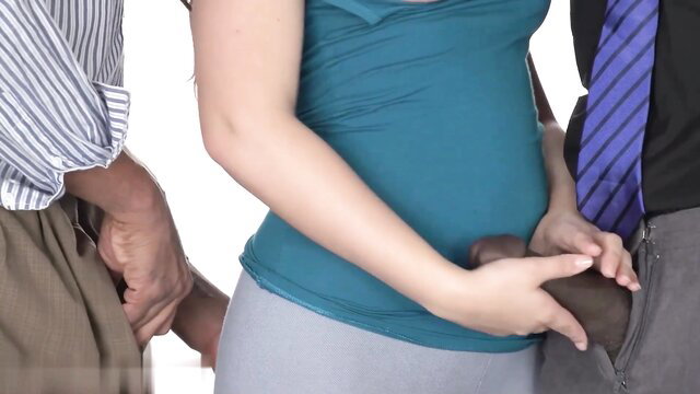 Pregnant white woman grabs thick black cock in threesome tease