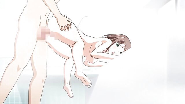 Anime hentai girl in piledriver anal sex, big ass up, suspended by man
